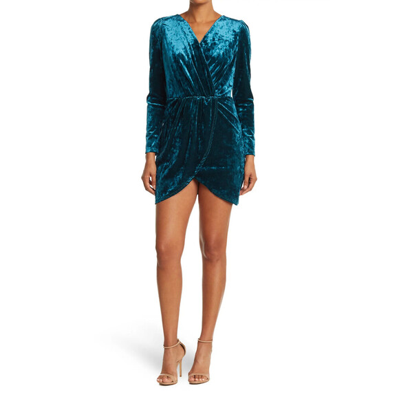 Vanity Room Velvet Long Sleeve Faux Wrap Mini Dress In Emerald Size M $168 - Picture 8 of 14